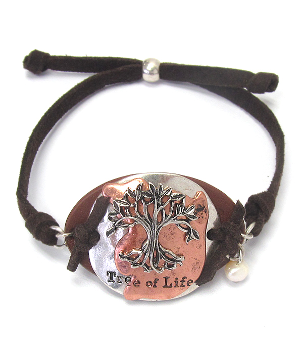 Metal plate and leather suede pull tie bracelet - tree of life