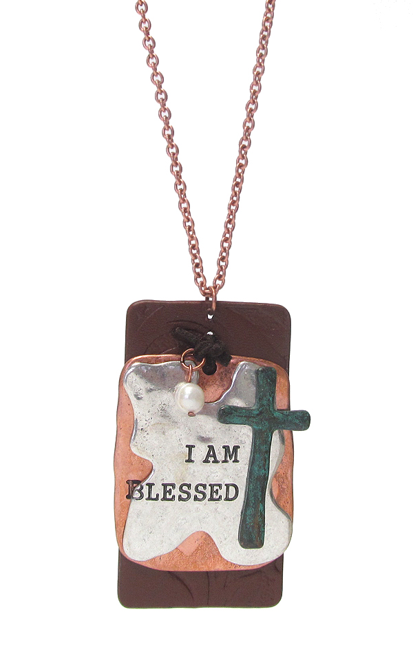 Leather and metal plate pendant long necklace - i am blessed