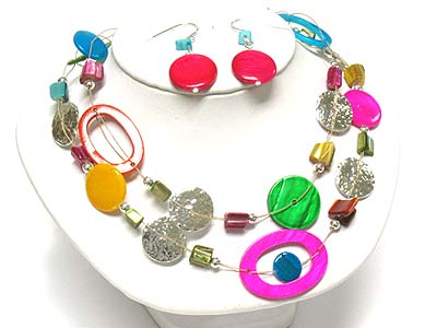 Pastel tone multi shape shell disk and metal diskes double strand necklace and earring set 