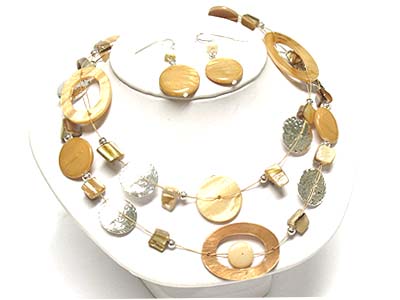 Pastel tone multi shape shell disk and metal diskes double strand necklace and earring set 