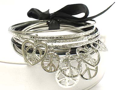 Multi peace pattern charm cords and metal bangle with ribbon