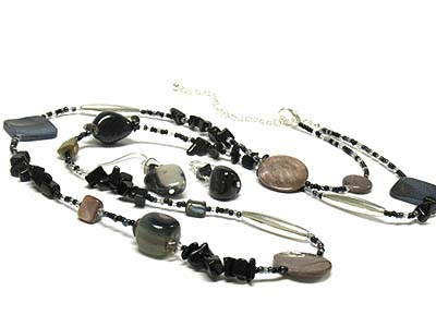 Natural stone and metal and chip stone link seed beads long necklace and earring set 