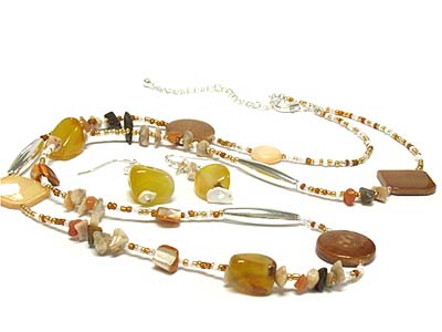 Natural stone and metal and chip stone link seed beads long necklace and earring set 