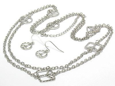 Peace symbol link long chain necklace and earring set