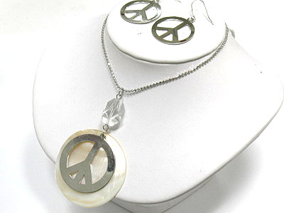 Round shell disk and metal peace symbol pendant necklace and earring set