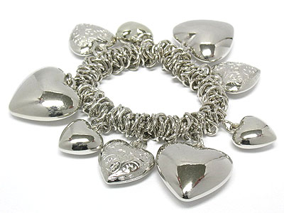 Multi puffy heart charm dangle stretch bracelet