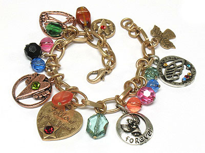 Multi color beads and stone ddeco burnish metal charm bracelet