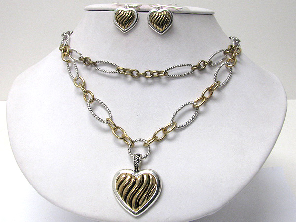 Metal heart peandant double layer metal chain link necklace earring set