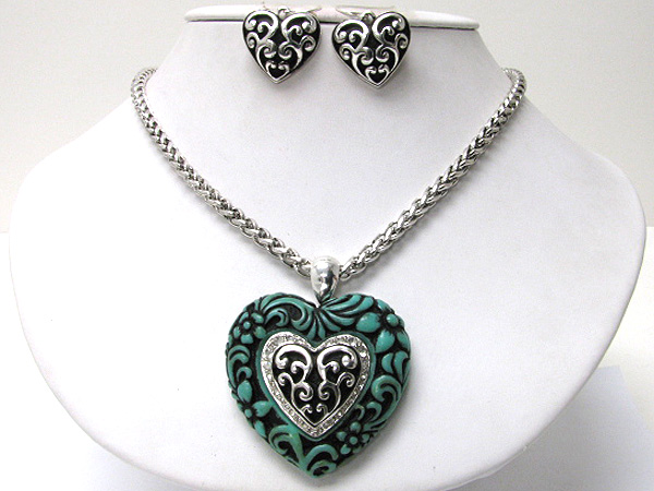 Formica stone and filigree metal heart pendant necklace earring set