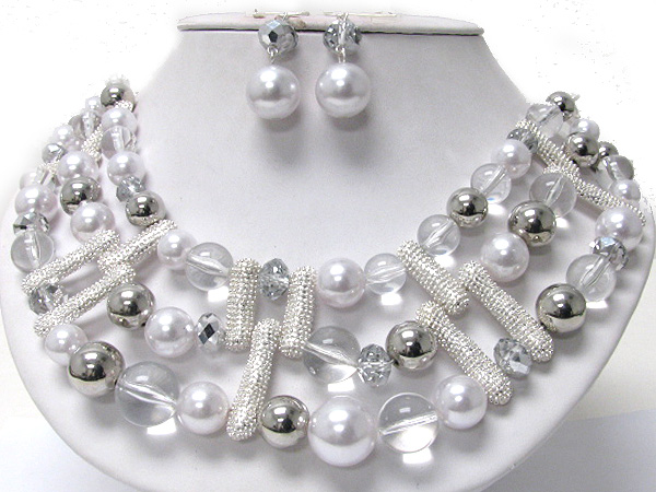 Triple strand glass and metal ball link necklace earring set