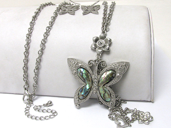 Abalone textured metal butterfly pendant long necklace earring set