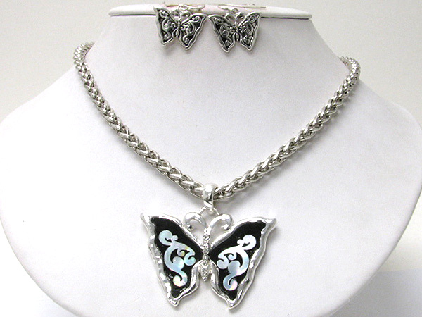 Abalone textured metal butterfly pendant long necklace earring set