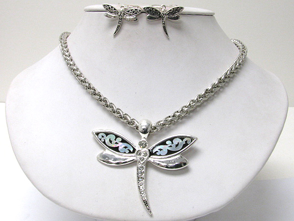 Abalone textured metal dragonfly pendant long necklace earring set