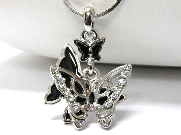 Made in korea whitegold plating crystal and epoxy triple butterfly pendant necklace