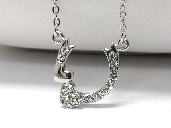 Made in korea whitegold plating crystal stud dual heart ribbon pendant necklace