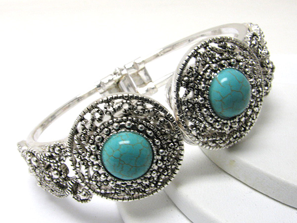 Turquoise and textured metal hinge bangle