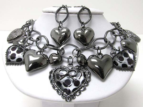 Animnal pattern glass deco multi heart dangle necklace earring set