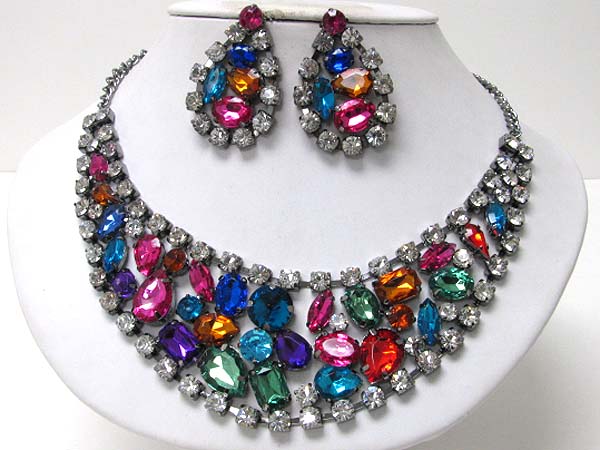 Multi crystal bubbled bib style neckalce earring set