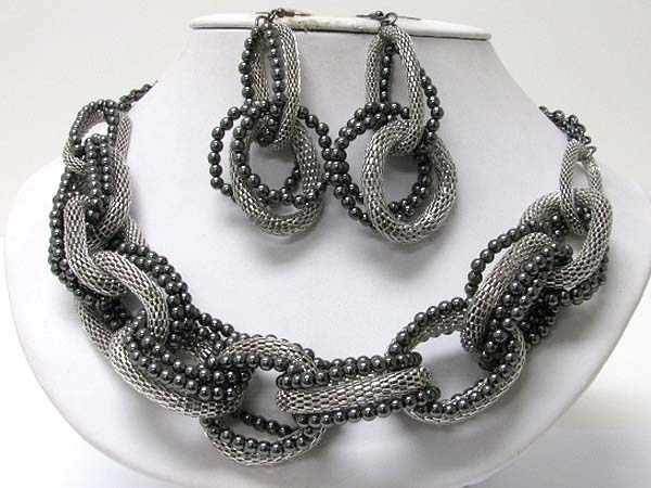 Metal ball and tube chain link necklace earring set