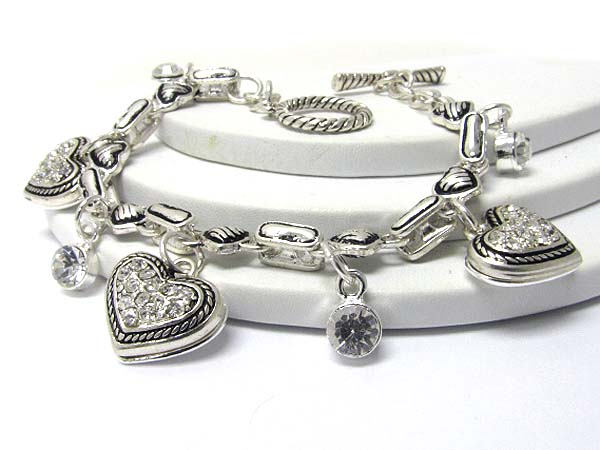 Multi crystal stud casting heart charm chain link bracelet