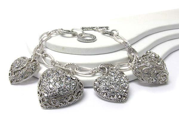 Crystal and metal filigree heart dangle bracelet