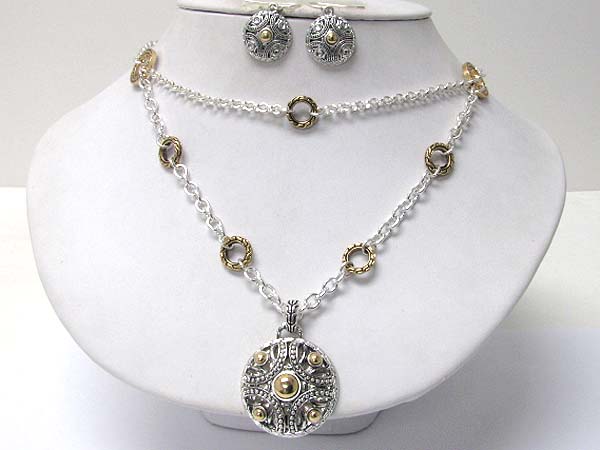 Metal deco pendant double layer necklace earring set