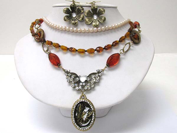 Crystal deco oval pendant triple row beads necklace earring set