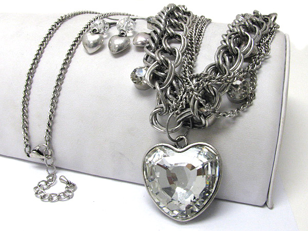 Crystal heart charm multi metal long chain necklace earring set