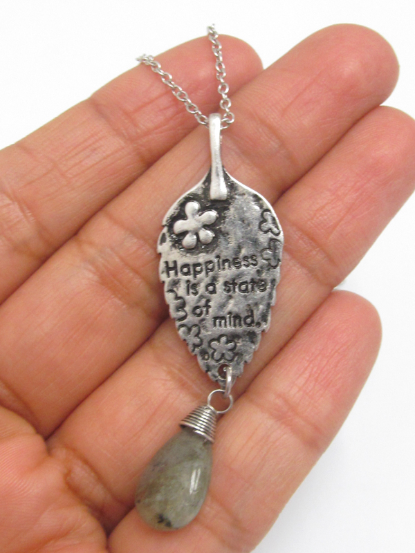 Leaf pendant message necklace - happiness is a state of mind