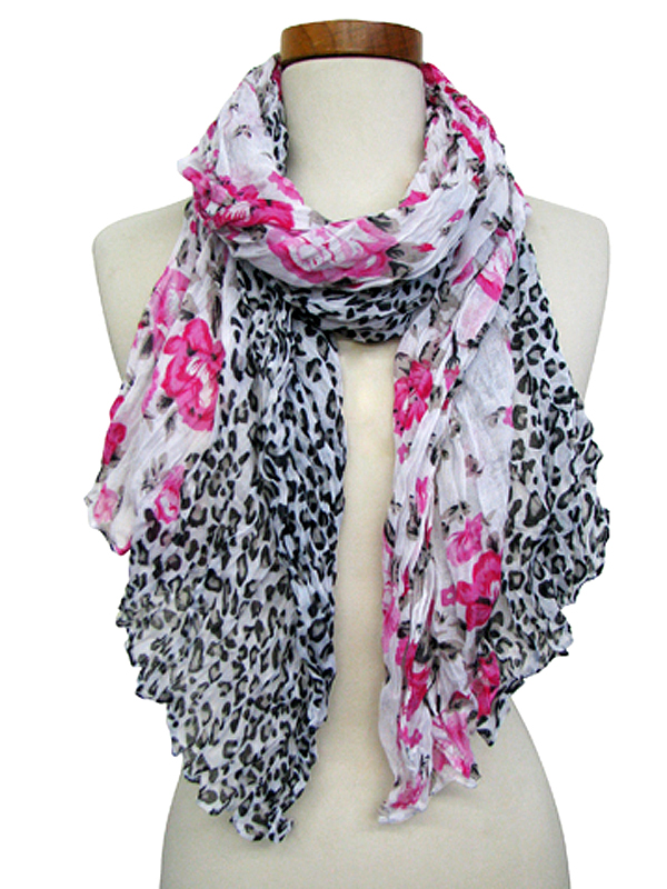 100% polyester crinkle rose leopard scarf