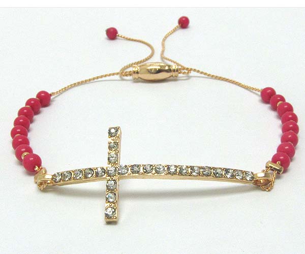 Crystal metal cross with acryl seed beads on metal cord friendship bracelet