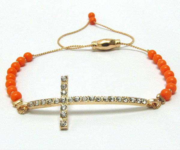 Crystal metal cross with acryl seed beads on metal cord friendship bracelet