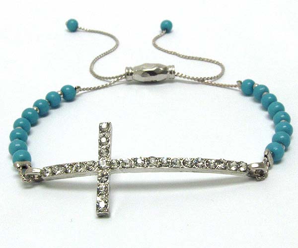 Crystal metal cross with acryl seed beads on metal cord friendship bracelet