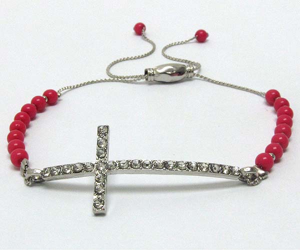 Crystal metal cross with acryl seed beads on metal cord friendship bracelet