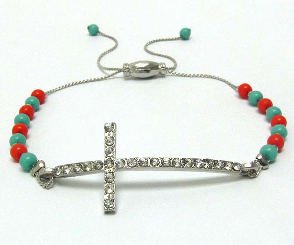 Crystal metal cross with acryl seed beads on metal cord friendship bracelet