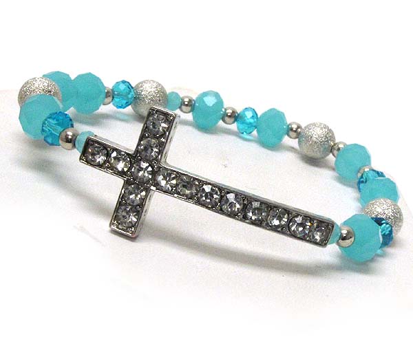 Crystal metal cross with multi sandy metal balls and  crystal glass on stretch barcelet