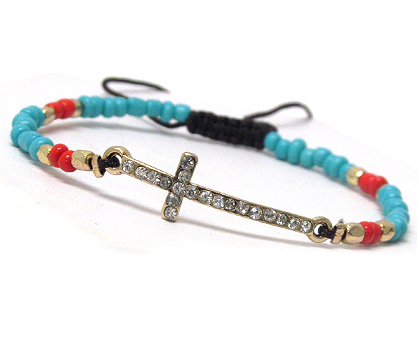 Crystal cross and multi seed beads on braided yarn friendship bracelet