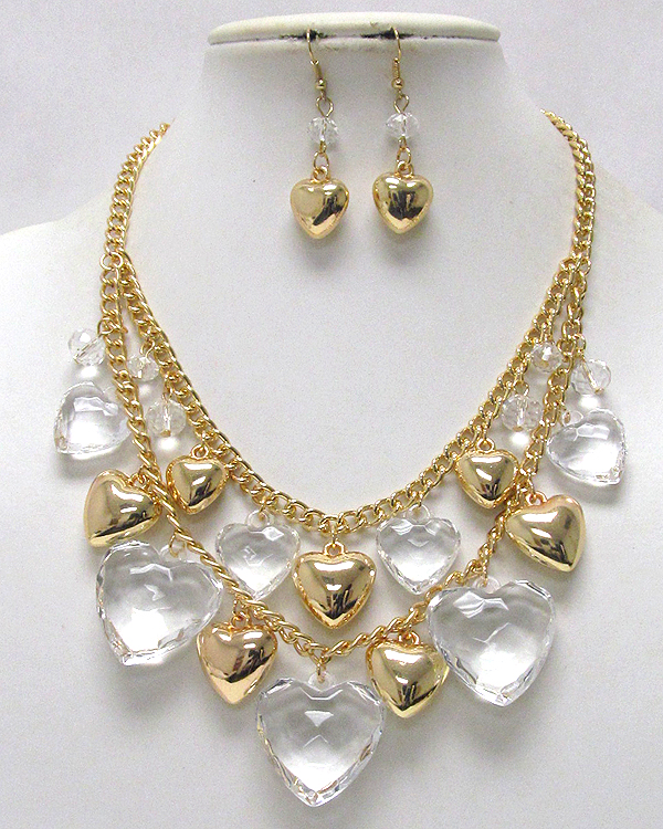 Multi metal and acryl charm  heart chain necklace earring set -valentine