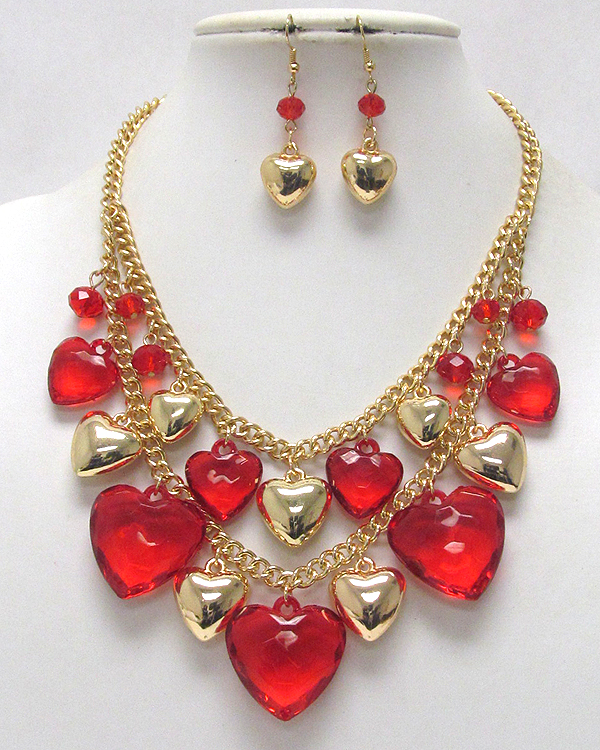 Multi metal and acryl charm heart double chain necklace earring set -valentine