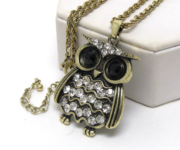 Crystal metal owl drop long chain necklace