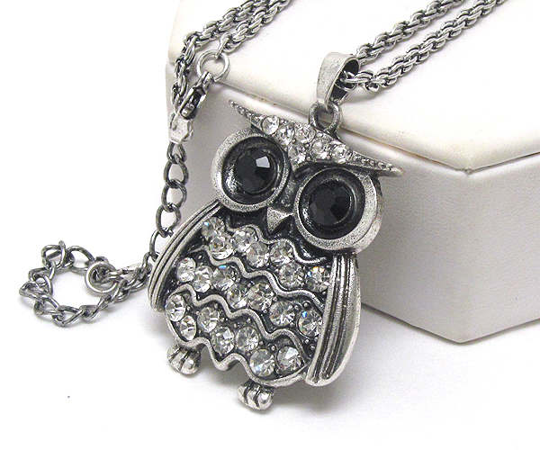 Crystal metal owl drop long chain necklace