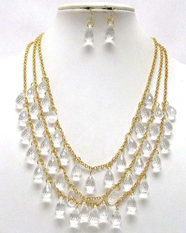 Three layer multi acryl tear drop chain necklace earring set