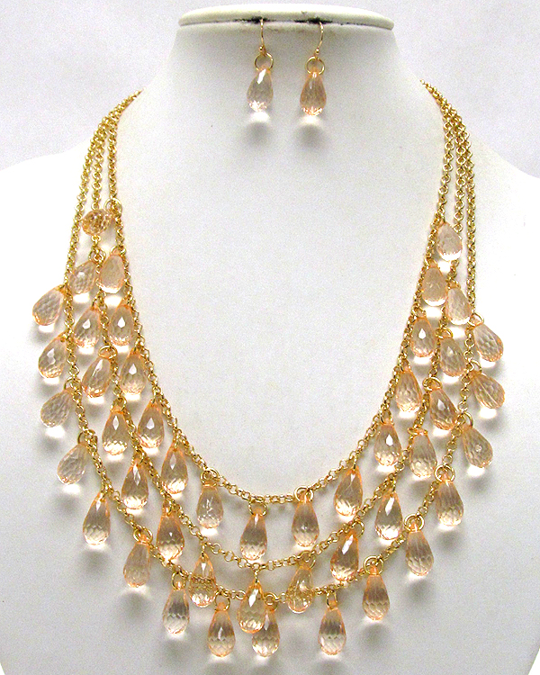 Three layer multi acryl tear drop chain necklace earring set