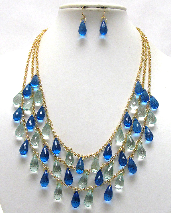 Three layer multi acryl tear drop chain necklace earring set