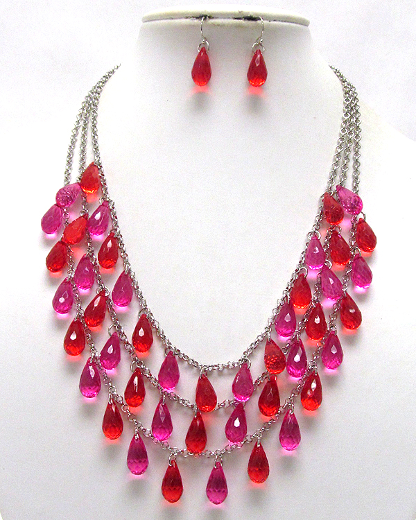 Three layer multi acryl tear drop chain necklace earring set