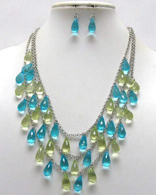 Three layer multi acryl tear drop chain necklace earring set