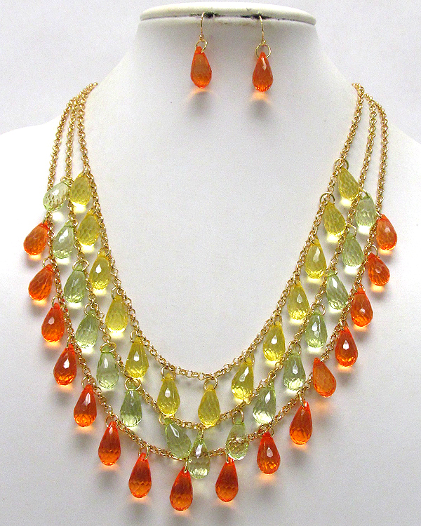 Three layer multi acryl tear drop chain necklace earring set