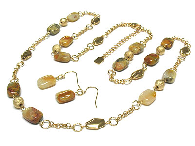 Multi semi precious stone and metal bead long necklace set