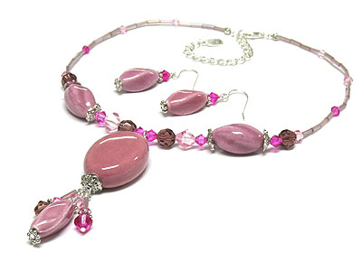 Colorful figuline and glass bead necklace and earring set