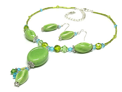 Colorful figuline and glass bead necklace and earring set